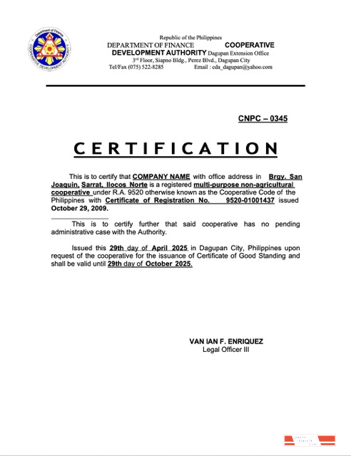 Philippines certificate of good standing Word and PDF template, version 3